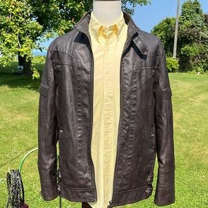 KH Motorcycle Brown Stand Collar Bomber Jacket Faux Leather Men's Large